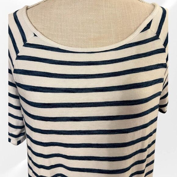 Jane & Delancey Med Elbow Sleeve Blue Stripe Top, Open Peep Shoulder w/ Bow - Picture 2 of 5